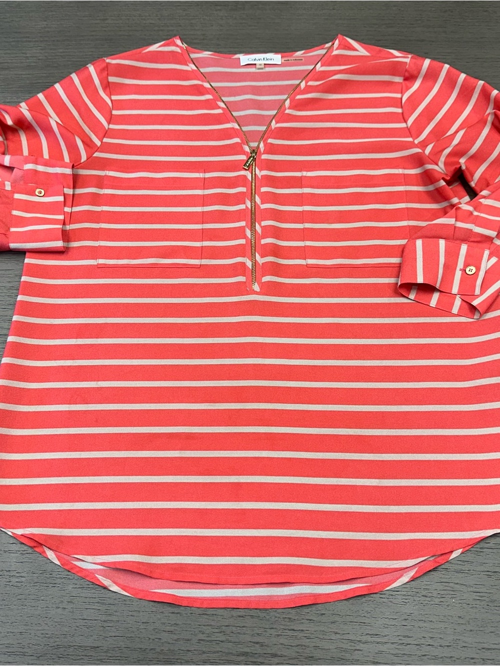 Calvin Klein Coral and White Striped Zip-Front blouse